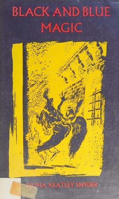 A dusty blue-grey field with a bold yellow illustration panel showing a boy in silhouette lifted aloft, arms out, beside a dark winged figure, in a scratchy woodcut-style print; the title sits in red serif capitals at the top and the author's name in red at the bottom.