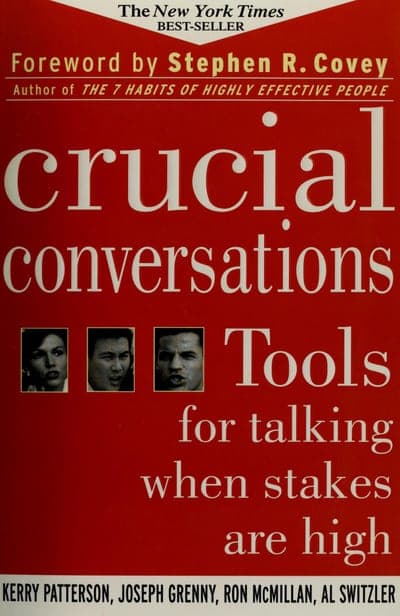 A red field cover with a torn-corner banner reading 'The New York Times Best-Seller' above 'Foreword by Stephen R. Covey, Author of The 7 Habits of Highly Effective People' in gold and white, the title 'crucial conversations' set in large lowercase cream serif letters, three small black-and-white photo insets of arguing faces beside the line 'Tools for talking when stakes are high', and the four authors' names in black capitals on a cream strip along the bottom.