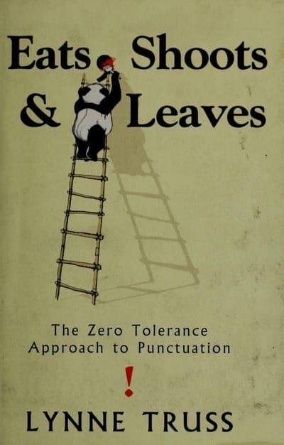 A pale olive-green field with a black-and-white panda standing partway up a wooden stepladder, spray-painting a red aerosol can above its head; the title is set in large black serif type broken across three lines around the panda and ladder, the subtitle in smaller black type below, a red exclamation point beneath that, and the author's name in black serif capitals at the foot.