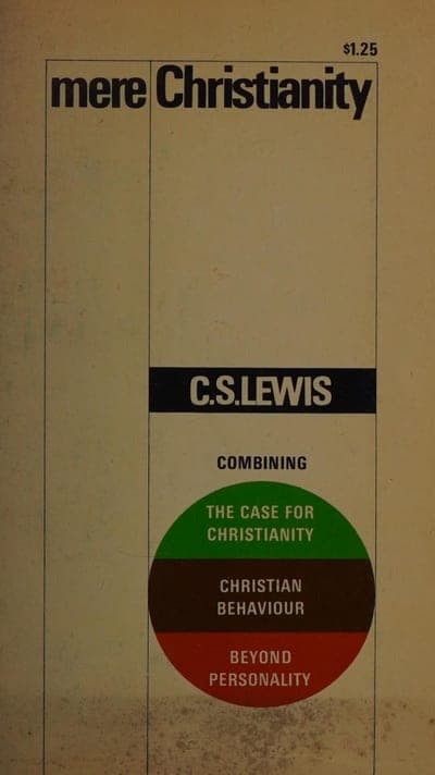 A worn cream paperback with the two-word title split across the top — 'mere' in light serif lowercase, 'Christianity' in heavy black sans-serif — a black bar reading 'C.S. LEWIS', the word 'COMBINING', and three stacked colored bands naming the book's three parts: green 'The Case for Christianity', dark brown 'Christian Behaviour', and red 'Beyond Personality'; a '$1.25' price sits in the top right corner.