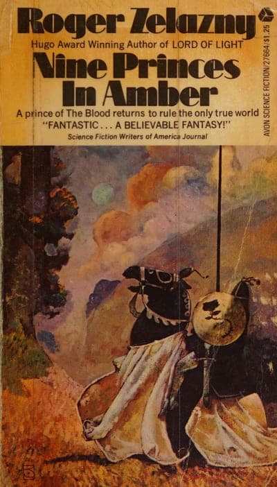 An edition of Nine Princes in Amber — a dark brown field with the title in gold lettering.