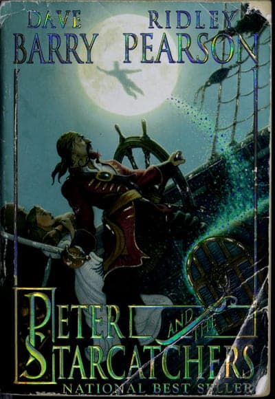 A dark teal night sky with a full moon, a flying silhouetted figure crossing the moon, a pirate captain gripping a ship's wheel with a fainting girl beside him and a treasure chest in the foreground, and the title 'PETER AND THE STARCATCHERS' in ornate gold-green lettering across the bottom above a 'NATIONAL BEST SELLER' banner.