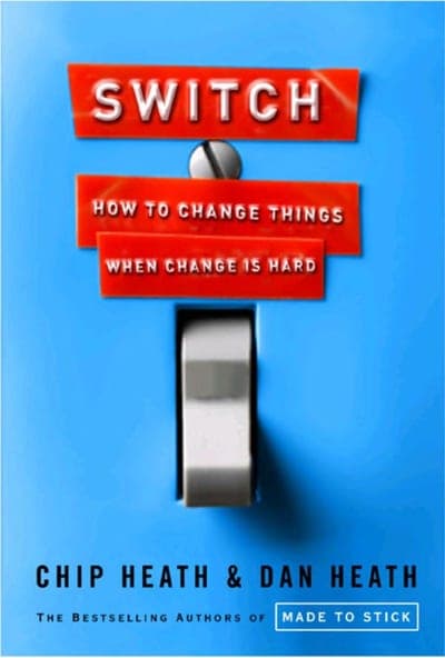 A bright blue field with a large chrome toggle light switch at the centre, three red switch-plate labels stacked above it in bold white capitals reading SWITCH / HOW TO CHANGE THINGS / WHEN CHANGE IS HARD, the authors' names CHIP HEATH & DAN HEATH in black capitals at the bottom, above a white banner noting they wrote Made to Stick.