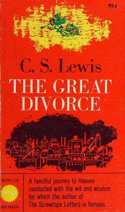 A Macmillan edition of The Great Divorce — a bright red field with the title in dark lettering.