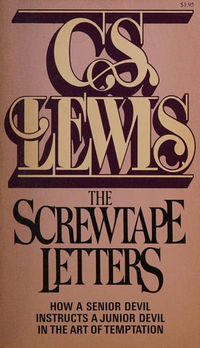 A dusty-rose paperback jacket dominated by the author's name in huge overlapping cream serif capitals 'C.S. LEWIS,' the title 'THE SCREWTAPE LETTERS' in black block capitals below it, and the line 'HOW A SENIOR DEVIL INSTRUCTS A JUNIOR DEVIL IN THE ART OF TEMPTATION' at the foot; a small '$1.95' price sits at the top right.