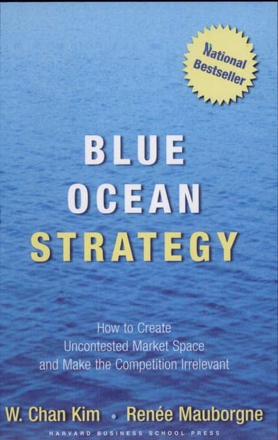 A deep blue field resembling rippling ocean water, a gold starburst seal at top right reading 'National Bestseller,' the title BLUE OCEAN STRATEGY in large white and yellow serif capitals at the centre, the subtitle 'How to Create Uncontested Market Space and Make the Competition Irrelevant' beneath it in white, the authors' names 'W. Chan Kim · Renée Mauborgne' at the bottom, and 'HARVARD BUSINESS SCHOOL PRESS' printed in small white capitals at the very bottom.