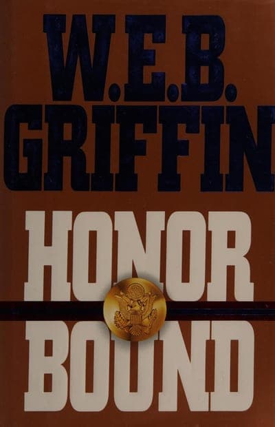 A hardcover jacket in warm rust-brown tones — the author's name 'W.E.B. GRIFFIN' in bold navy block capitals across the top, the title 'HONOR BOUND' in cream block capitals across the bottom, the two separated by a black bar bearing a small gold Great Seal of the United States medallion at its center.