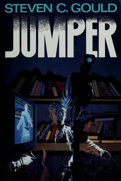 The original Tor Books jacket of Jumper — a dark night-blue field with the title JUMPER in large distressed white lettering, a shadowy illustration below of a young man mid-teleport beside a bookshelf, camera equipment and glowing computer monitors, and the author's name in teal capitals across the top.