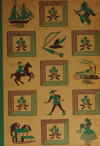 A tan cloth cover stamped with a grid of green-and-brown vignettes — a sailing ship, a mounted rider, a dancing figure, a paddle-wheel steamer, a man walking with a hoe, a colonial house, and a girl in a bonnet and full skirt — alternating with small three-flower medallions in green; no title or author is printed on this face.