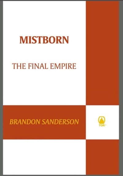 A Tor edition of Mistborn: The Final Empire — a white field divided into rust-red blocks, the title in red serif capitals and the author's name in gold below.