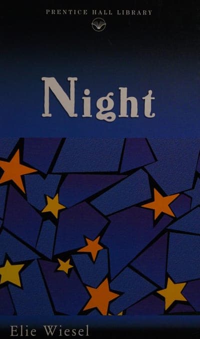 A Prentice Hall Library edition — a small emblem and 'PRENTICE HALL LIBRARY' at the top on black, the title 'Night' in large pale serif type on a dark-to-blue gradient background, below it a jagged stained-glass-style pattern of yellow and orange six-pointed stars set into blue-black shards, and 'Elie Wiesel' in white type at the foot.