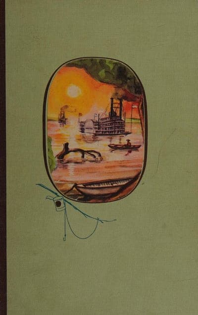 A sage-green cloth cover with a single oval vignette near the top — a sunset river scene with a paddle-wheel steamboat, a rowboat, and a snag rising from the water — and a hand-drawn fishing line and bobber sketched beneath it; no title or author is printed on this face.