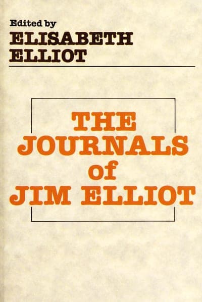 A cream, textured jacket for The Journals of Jim Elliot — 'Edited by ELISABETH ELLIOT' in brown serif at the top, and the title set in bold orange capitals inside a thin black rectangle in the center, with no illustration or device.