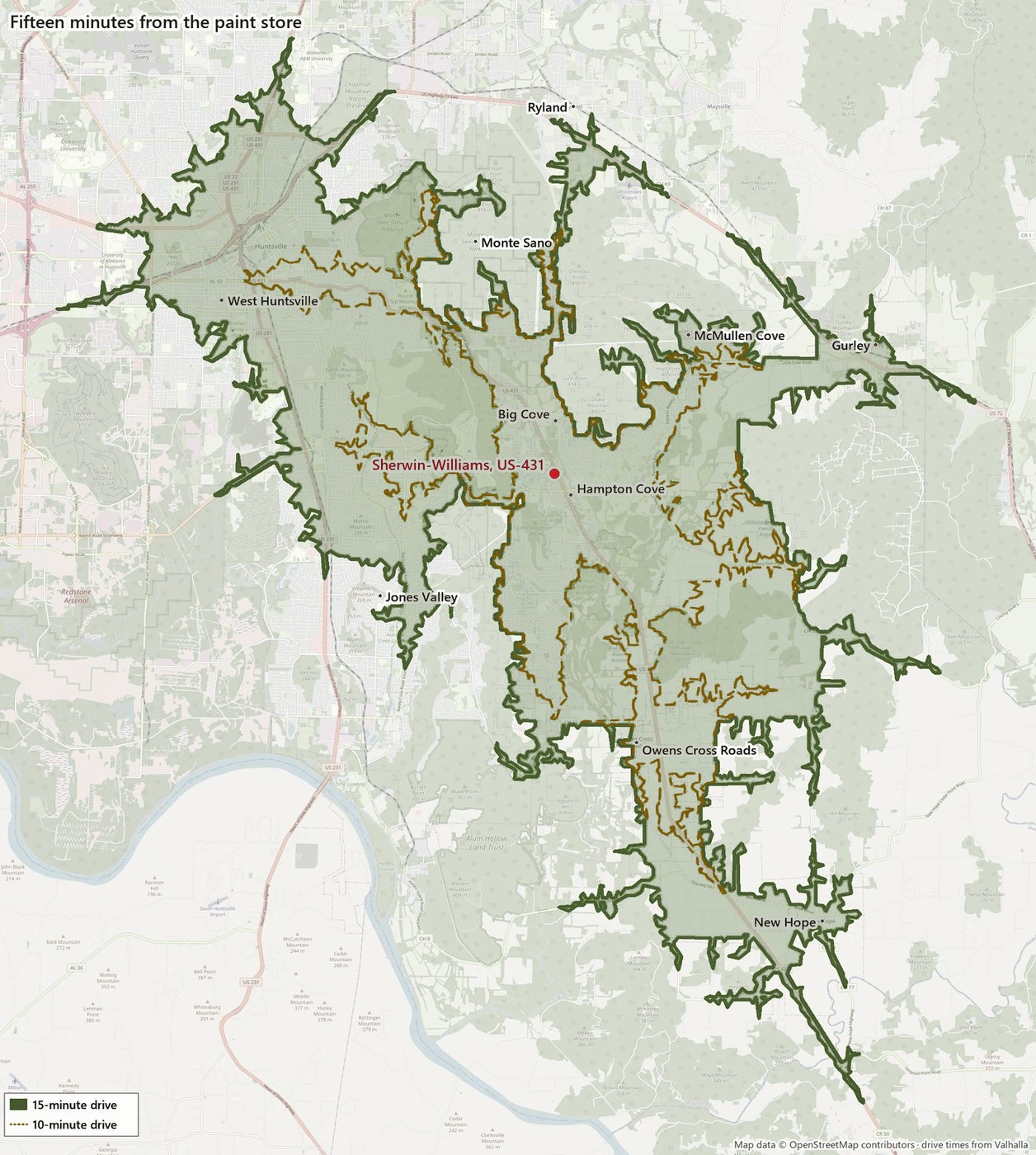 A map of the Huntsville area. A dark green outline encloses everywhere within a fifteen-minute drive of the Sherwin-Williams on US-431, which is marked with a red dot; a dashed gold-brown line inside it marks the ten-minute drive. Hampton Cove, Big Cove, Owens Cross Roads, McMullen Cove, Gurley, New Hope, Monte Sano and West Huntsville are labelled inside the area.